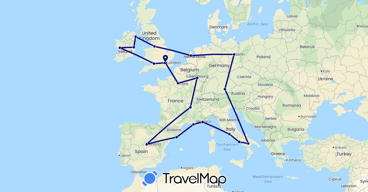 TravelMap itinerary: driving in Germany, Spain, France, United Kingdom, Ireland, Italy, Netherlands (Europe)